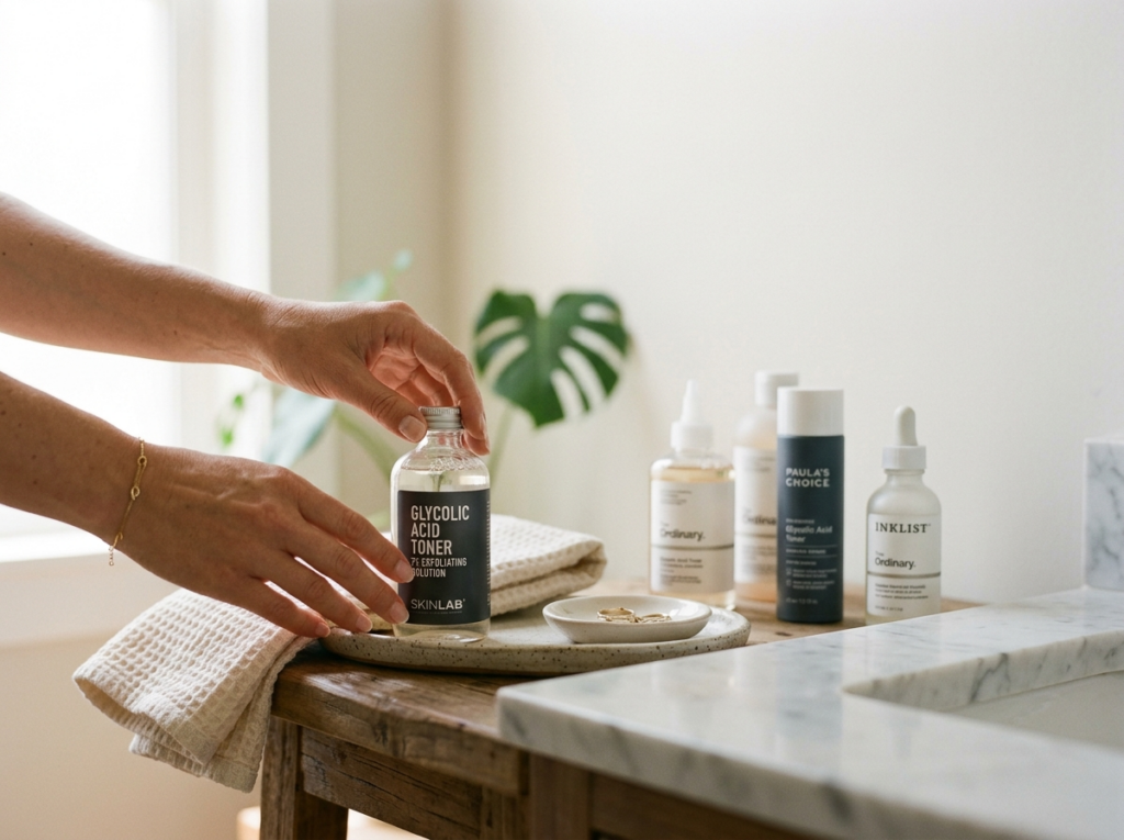 Kobiece dłonie sięgające po tonik z kwasem glikolowym, na minimalistycznej toaletce z rozmytym tłem innych produktów.