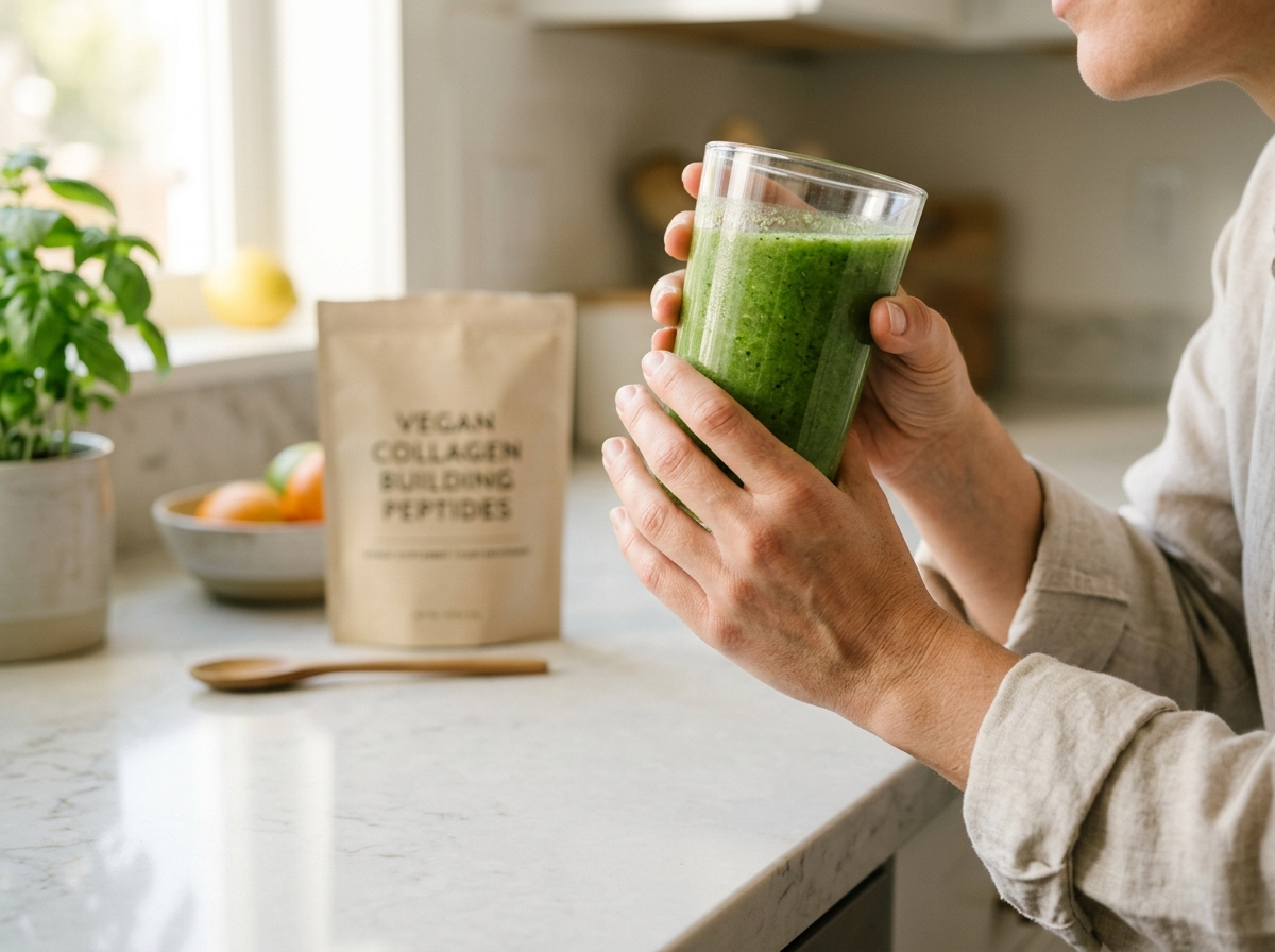 Kobiecie ręce trzymają świeży zielony koktajl, a w tle widać opakowanie wegańskiego kolagen suplementu.