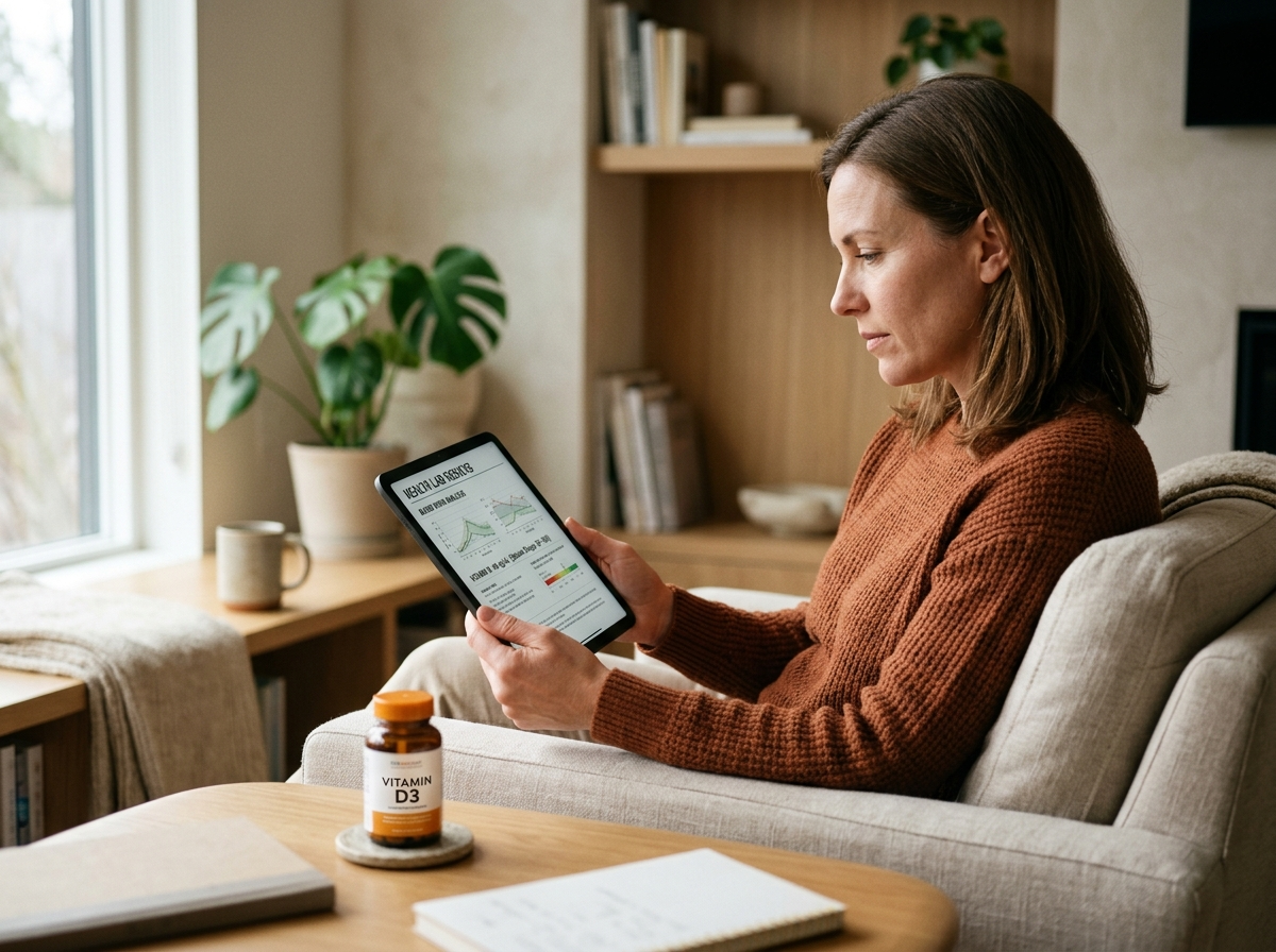 Kobieta analizująca wyniki badań laboratoryjnych na tablecie, z butelką suplementu witaminy D w tle.