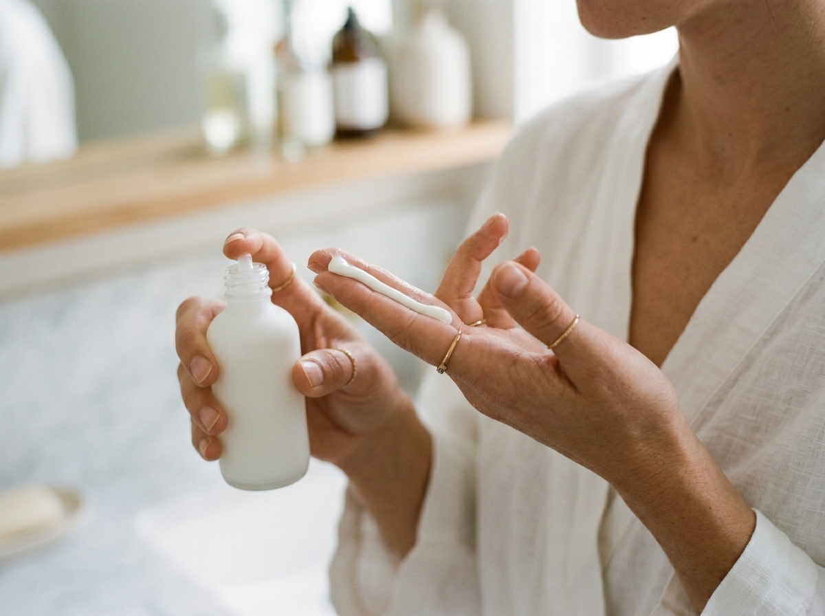 Kobieta aplikuje krem spf 50, wyciskając go na dwa palce. Jasna, nowoczesna łazienka.