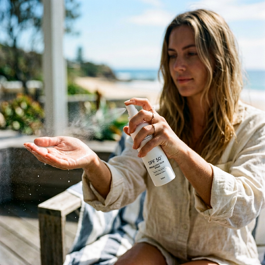 Kobieta aplikuje spray SPF 50 na dłoń, przygotowując się do nałożenia na twarz.