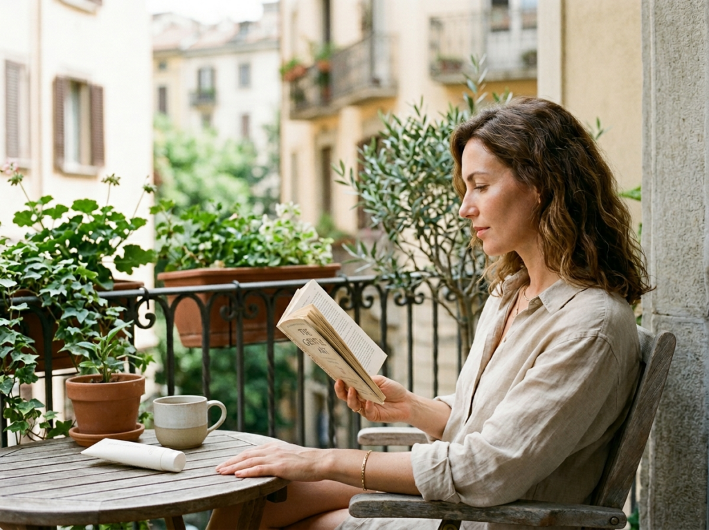 Kobieta czytająca książkę na słonecznym balkonie, jej zdrowa skóra lśni, a obok leży krem spf 50.