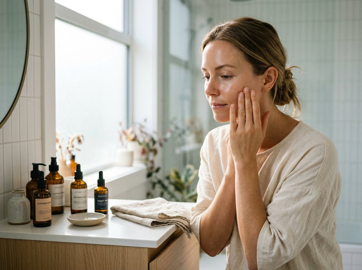 Kobieta delikatnie aplikująca produkt skincare na twarz, symbolizująca spersonalizowaną, poranną rutynę pielęgnacyjną.