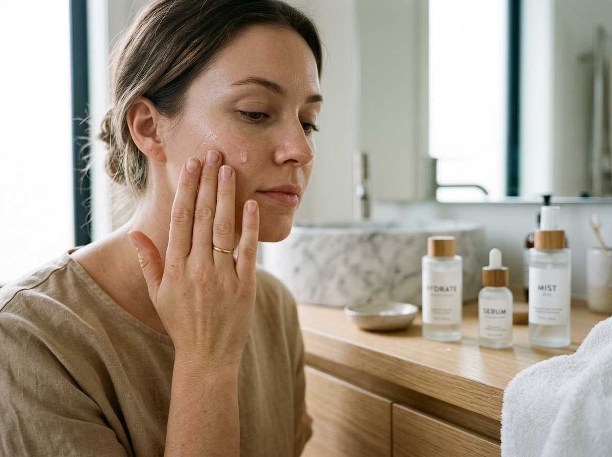 Kobieta delikatnie aplikuje kojący krem na policzek, wspierając skórę po użyciu toniku z kwasem glikolowym.