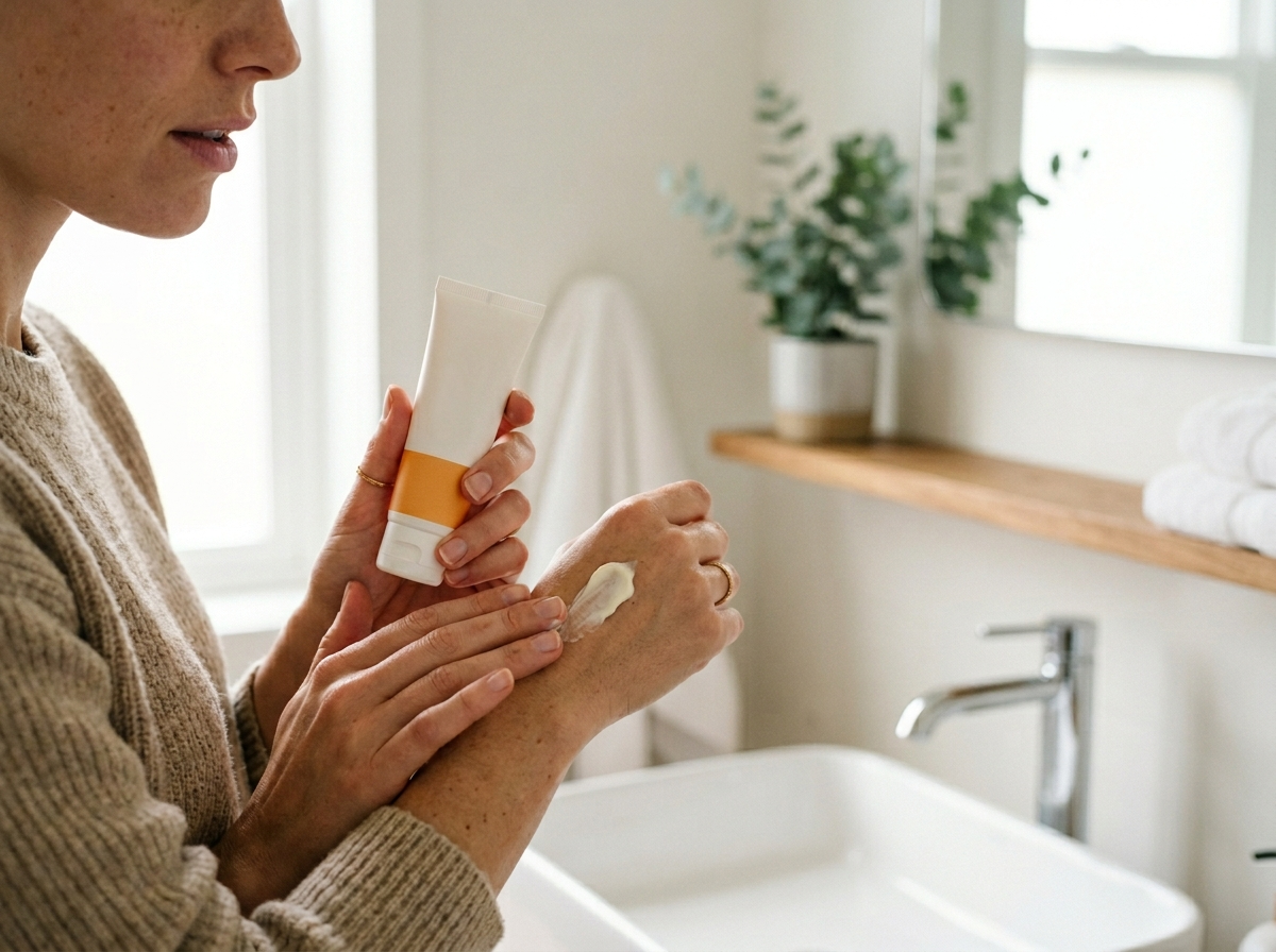 Kobieta delikatnie aplikuje krem spf 50 na twarz, dbając o wrażliwą cerę.