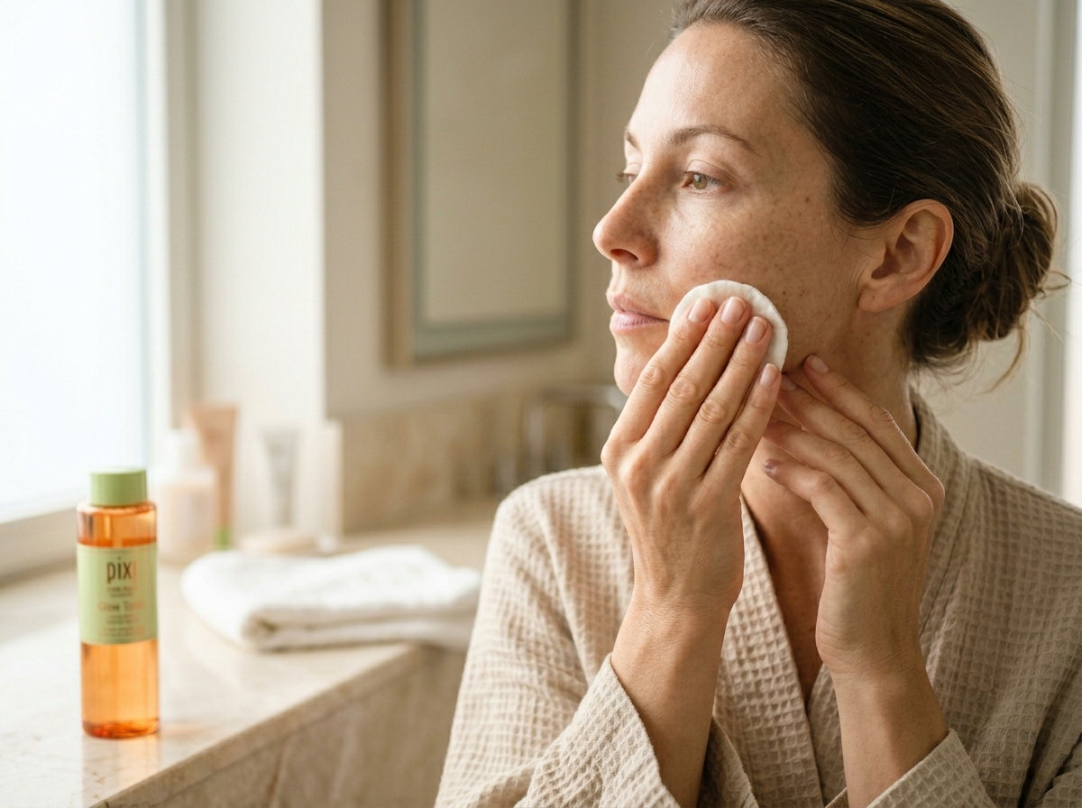 Kobieta delikatnie aplikuje tonik z kwasem glikolowym na policzek w łazience, dbając o wrażliwą cerę.