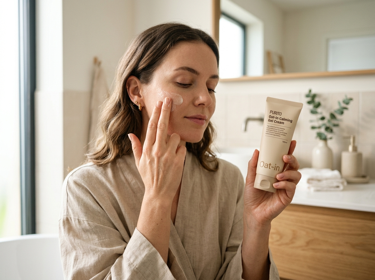 Kobieta delikatnie nakłada koreański krem do twarzy Purito Oat-in Calming Gel Cream na policzek.