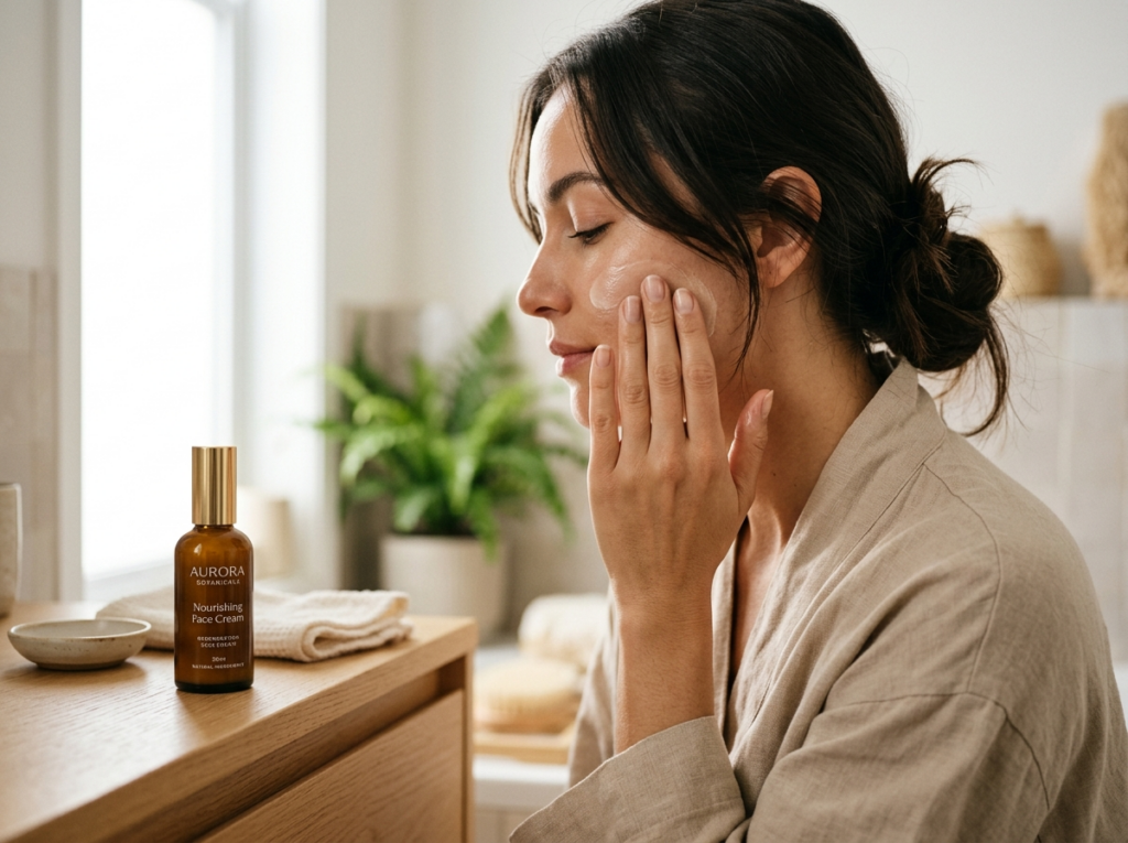 Kobieta delikatnie nakłada kosmetyki do pielęgnacji twarzy na policzek w łazience z naturalnym światłem.