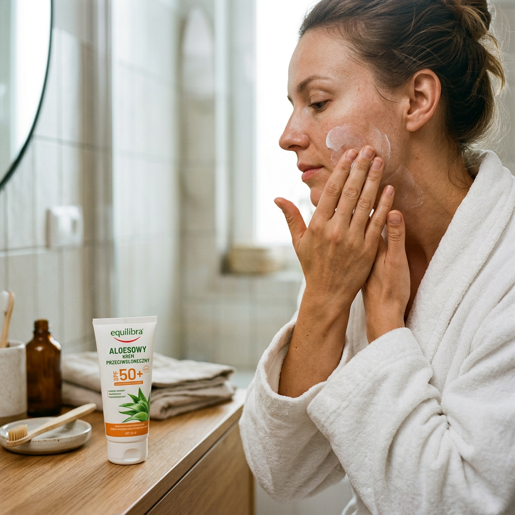 Kobieta delikatnie nakłada krem aloe spf 50 na twarz, w codziennej rutynie pielęgnacyjnej, w jasnej łazience.