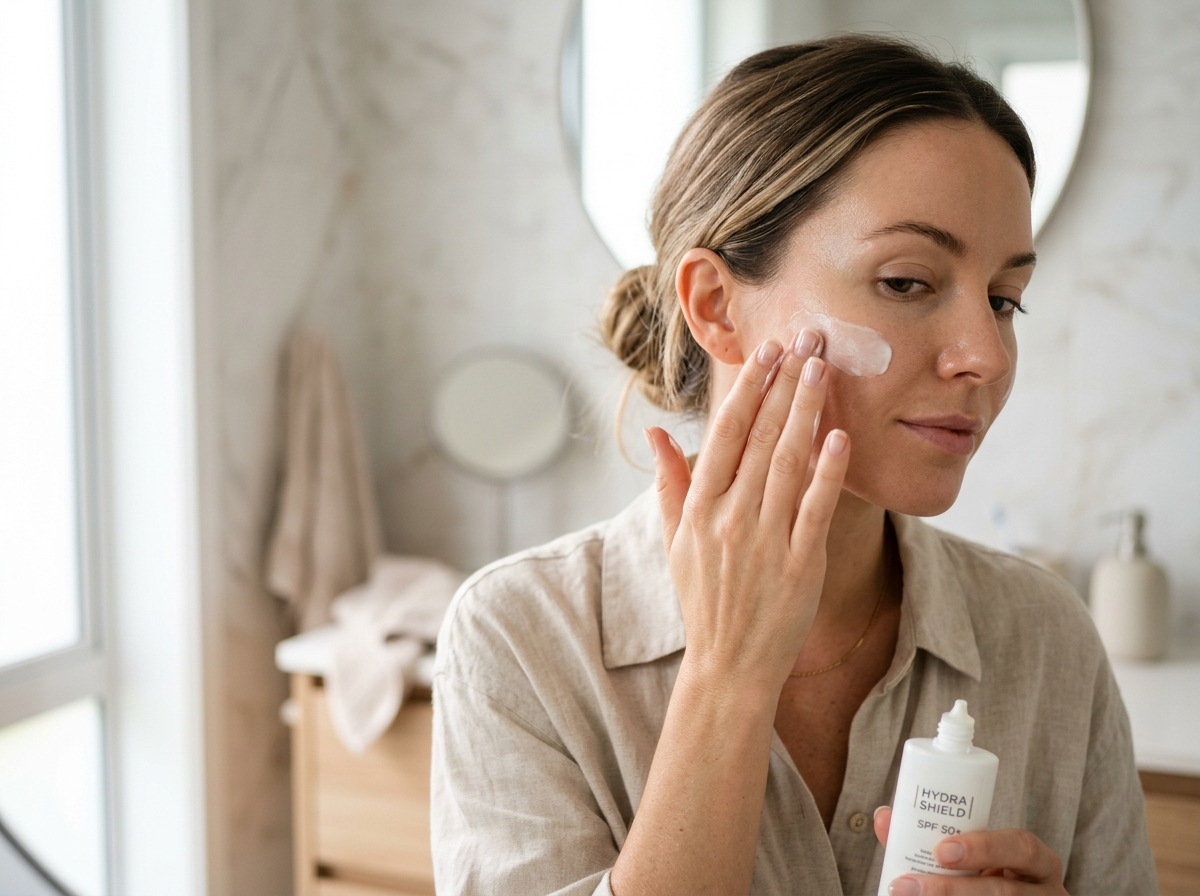 Kobieta delikatnie nakłada krem z filtrem SPF na twarz, dbając o poranną pielęgnację twarzy.