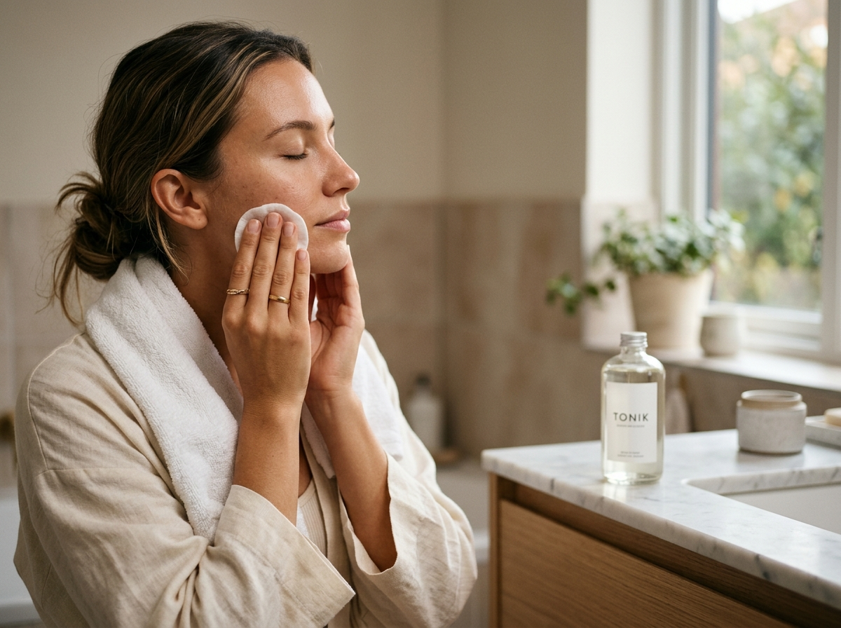 Kobieta delikatnie nakłada tonik na policzek w domowym rytuale self-care.