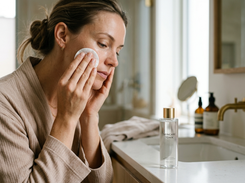 Kobieta delikatnie nakłada tonik na policzek w naturalnym świetle, dla świeżej skóry.