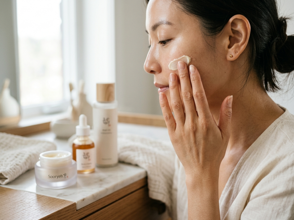 Kobieta delikatnie nakładająca koreański krem do twarzy na policzek, z eleganckimi produktami w tle.