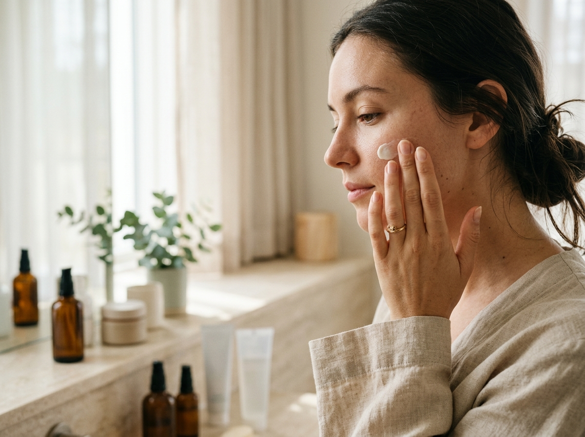 Kobieta delikatnie nakładająca kosmetyk do pielęgnacji twarzy w jasnej, nowoczesnej łazience.