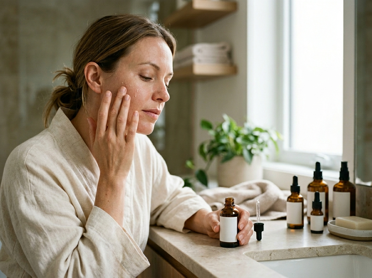 Kobieta delikatnie nakładająca kosmetyki do pielęgnacji twarzy, koncentrująca się na swojej porannej rutynie.