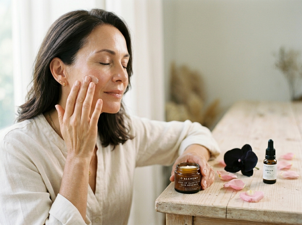 Kobieta delikatnie nakładająca krem d'alchemy na promienną skórę, z rozmazanymi różami i orchideami.