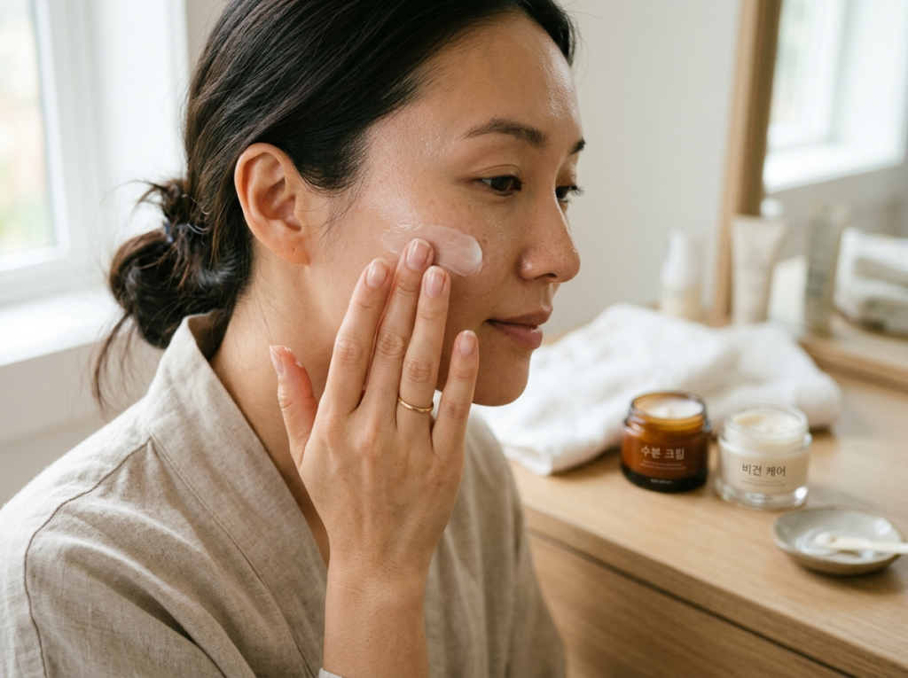 Kobieta delikatnie nakładająca krem koreański na policzek, z rozmazanymi słoiczkami w tle.