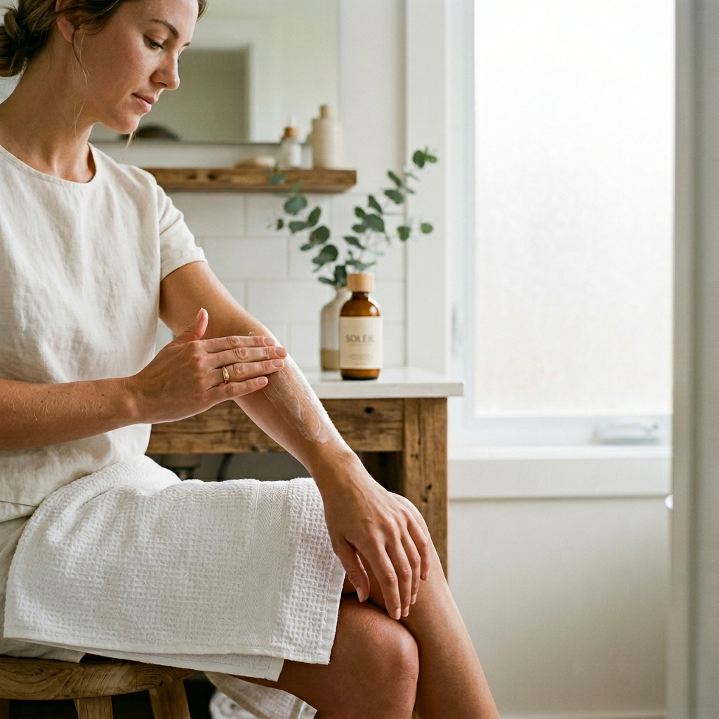 Kobieta delikatnie wciera samoopalacz w przedramię, uzyskując naturalną, muśniętą słońcem skórę.