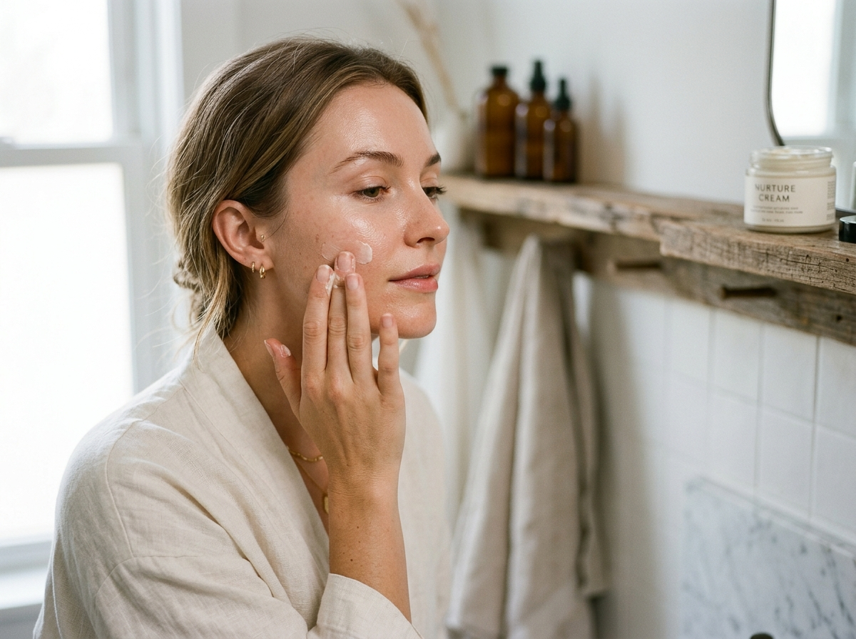 Kobieta delikatnie wklepująca krem nawilżający, symbolizująca uproszczoną koreańską pielęgnację rano.