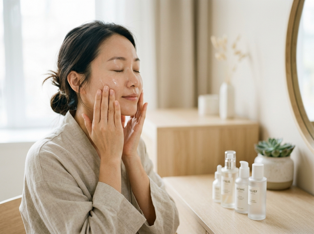 Kobieta delikatnie wklepująca serum w policzek, ukazując relaksujący rytuał koreanska pielegnacja w naturalnym świetle.