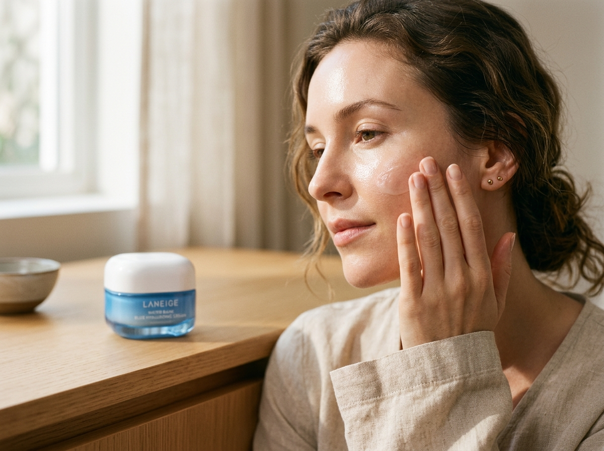 Kobieta delikatnie wklepuje koreański krem do twarzy Laneige, uzyskując efekt glass skin.