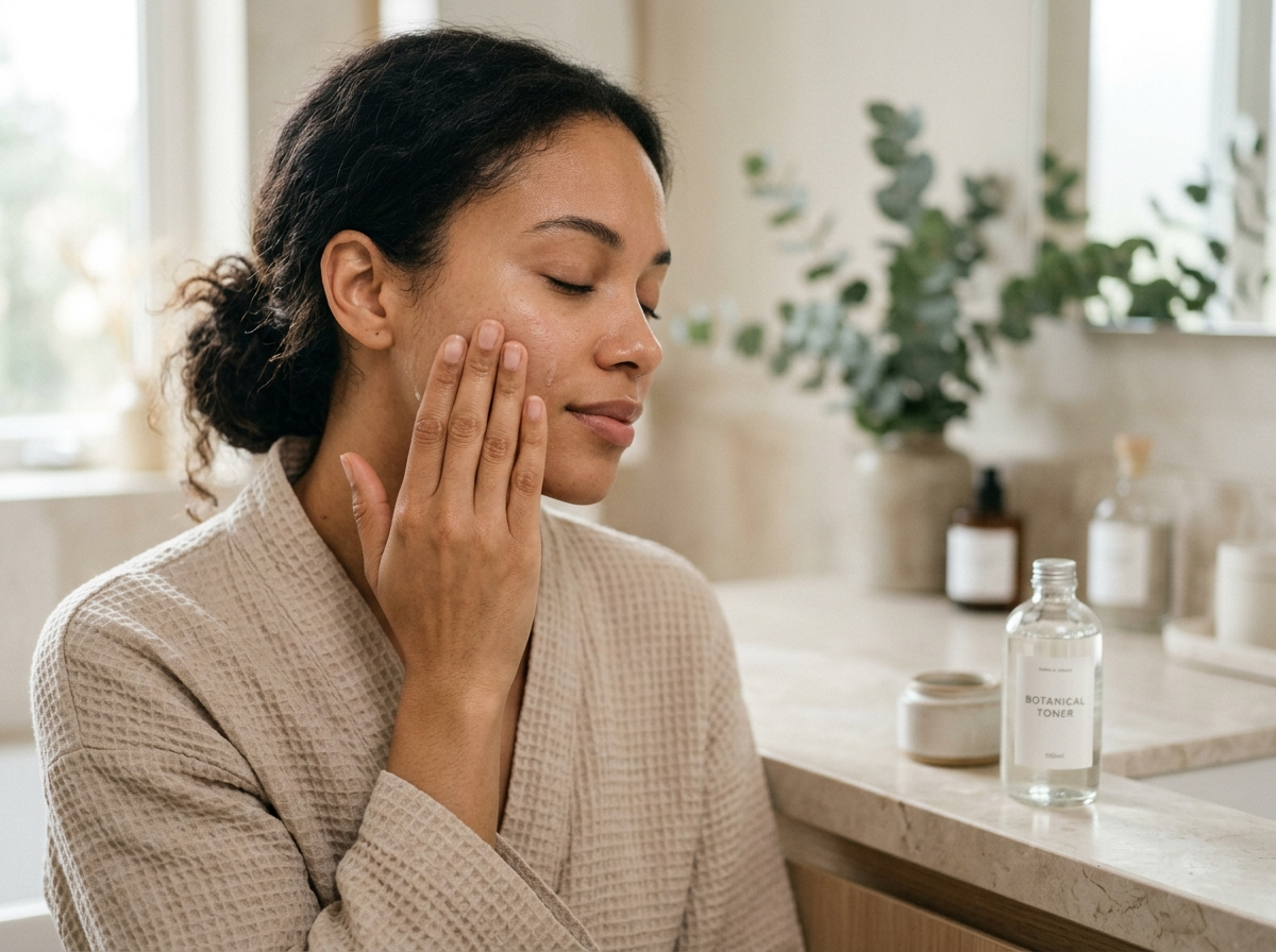 Kobieta delikatnie wklepuje naturalny tonik w skórę twarzy, w tle butelka kosmetyku.