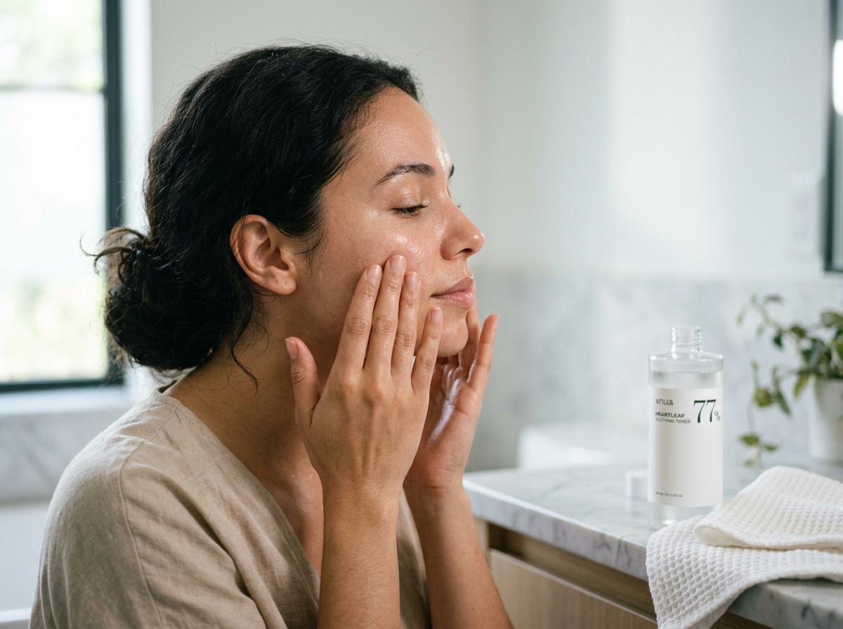 Kobieta delikatnie wklepuje nawilżający tonik na lekko wilgotną skórę twarzy dłońmi.