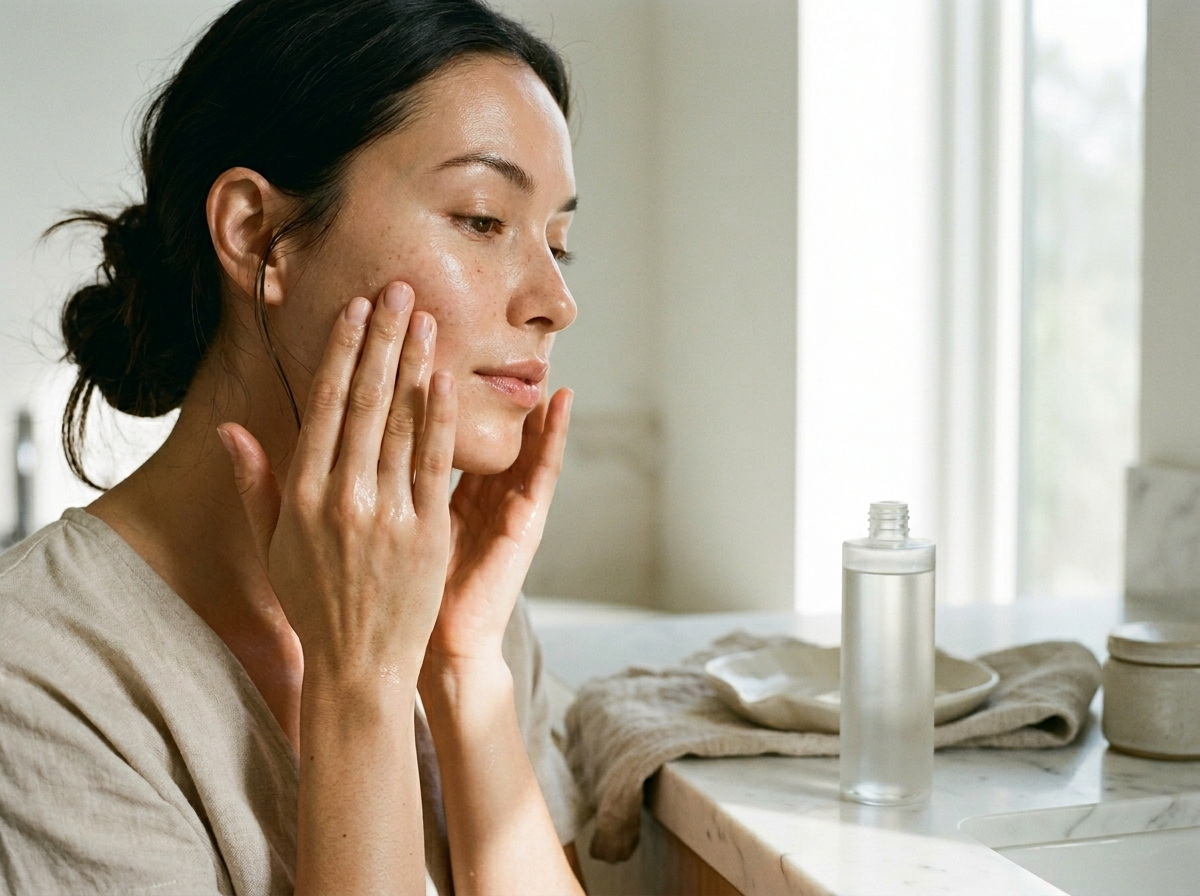 Kobieta delikatnie wklepuje nawilżający tonik w skórę, kluczowy etap w koreanskiej pielegnacji.