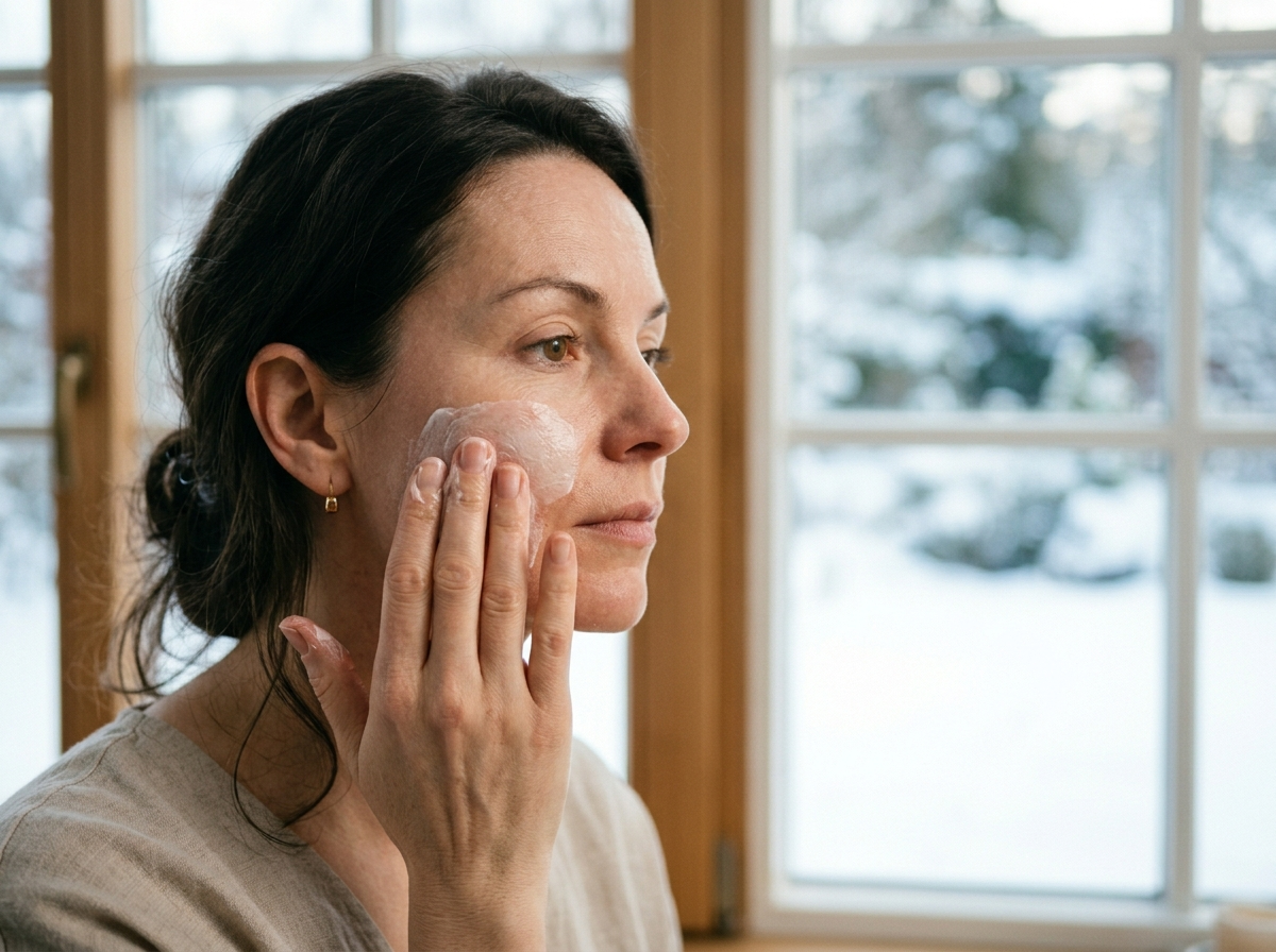 Kobieta delikatnie wmasowuje gęsty krem regenerujący w policzek, chroniąc skórę przed mrozem. kosmetyki do twarzy.