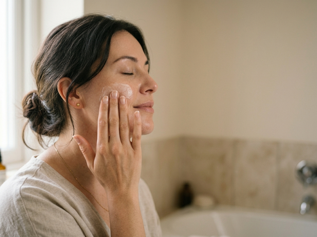 Kobieta delikatnie wmasowuje kosmetyk do pielęgnacji twarzy w skórę, w chwili relaksu.
