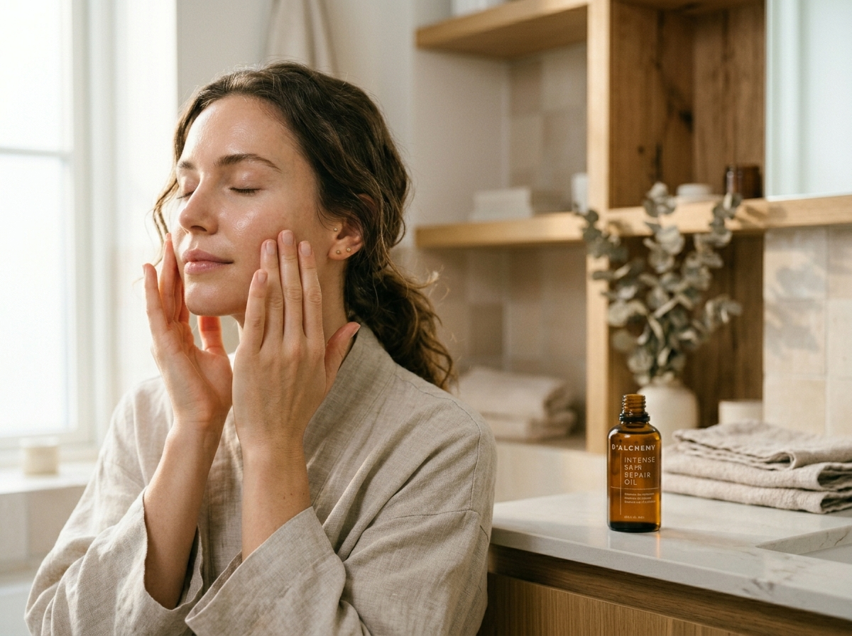 Kobieta delikatnie wmasowuje olejek d'alchemy w promienną skórę twarzy, podkreślając naturalny blask.
