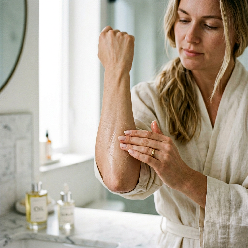 Kobieta delikatnie wmasowuje olejek w skórę łokcia, przygotowując ją do aplikacji samoopalacza z ranking samoopalaczy.