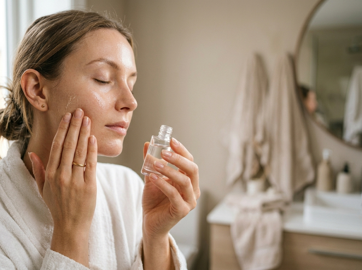 Kobieta delikatnie wmasowuje serum skin science w skórę twarzy, ukazując zdrową cerę.