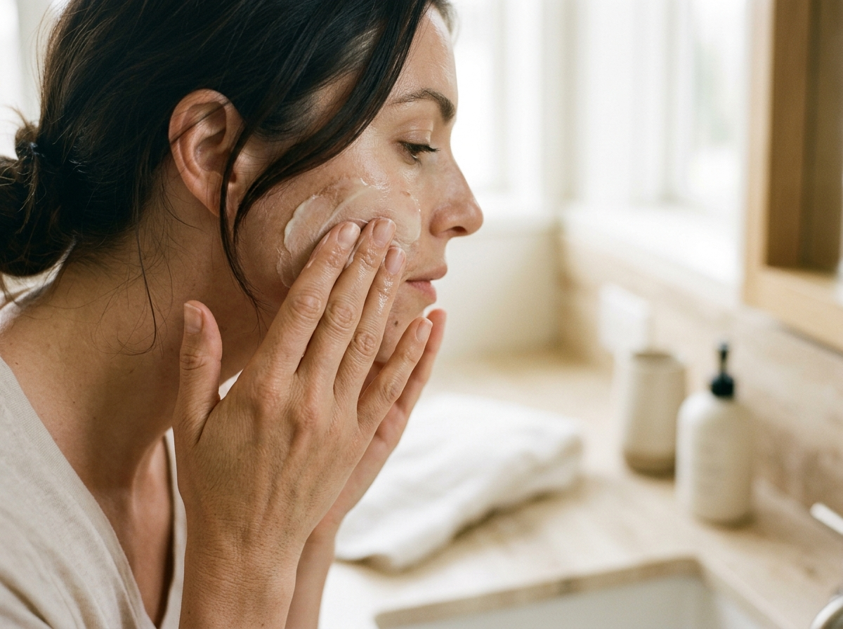 Kobieta delikatnie zmywa krem przeciwsłoneczny 50 olejkiem, dbając o czystą skórę.