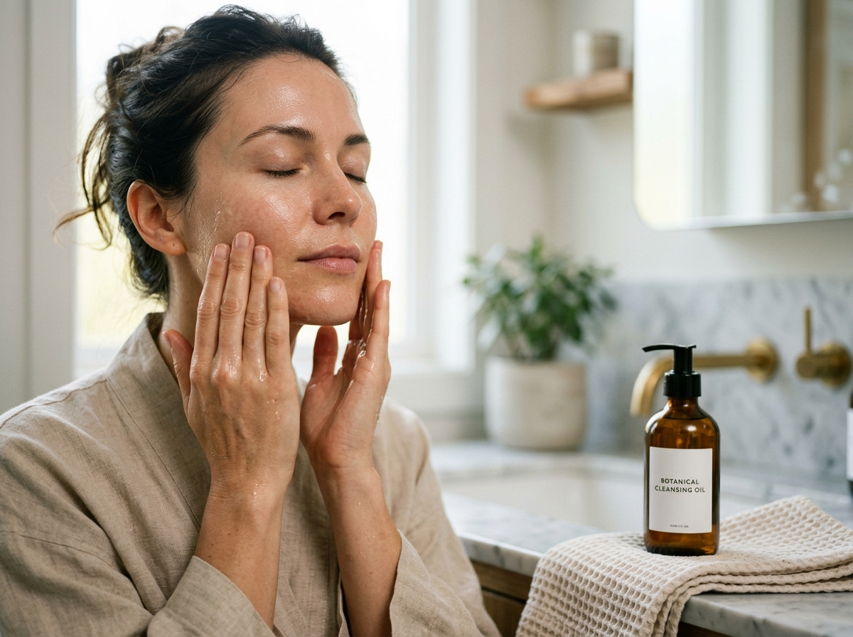 Kobieta delikatnie zmywa makijaż i wodoodporny filtr spf 50 olejkiem, dbając o czystą skórę.