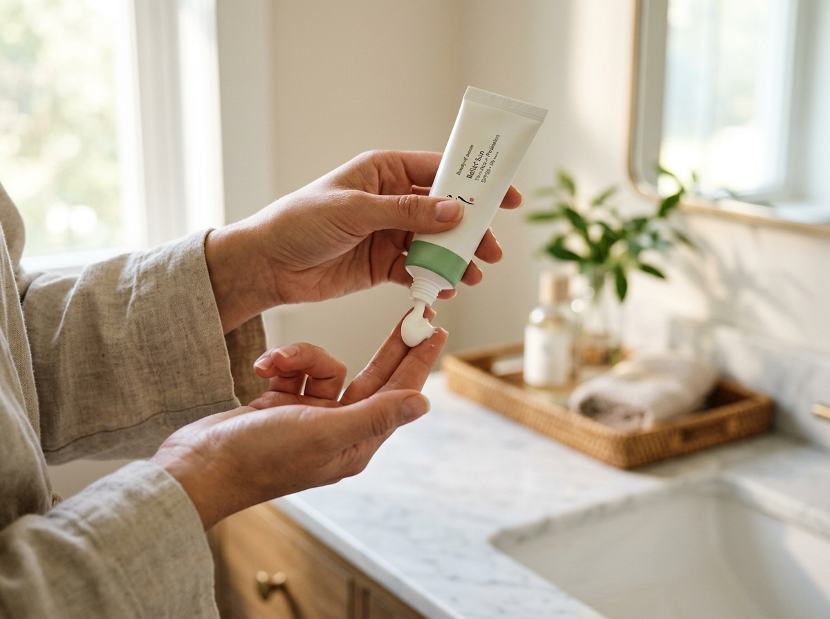 Kobieta nakłada na dłoń idealną ilość koreańskiego kremu przeciwsłonecznego 50 pod makijaż.