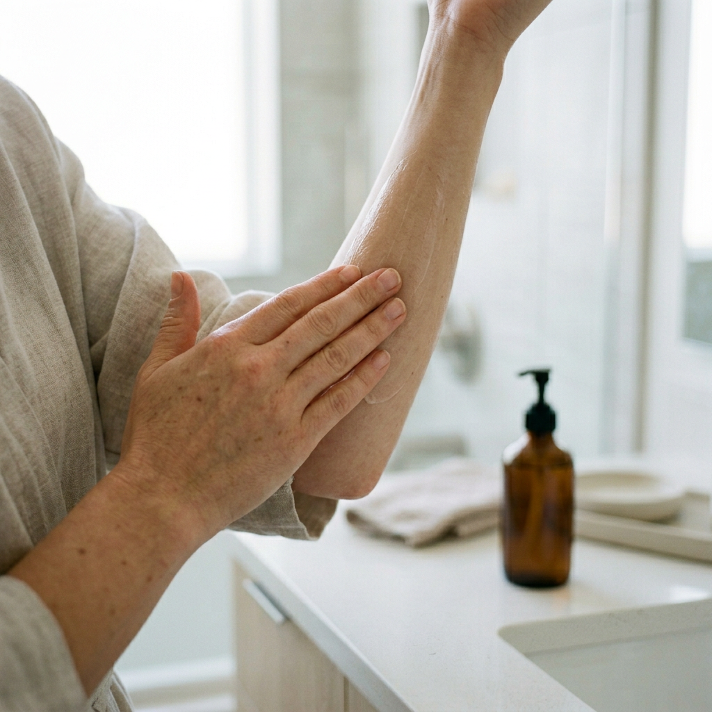 Kobieta nawilża łokieć balsamem, kluczowy krok by wiedzieć jak działa samoopalacz.