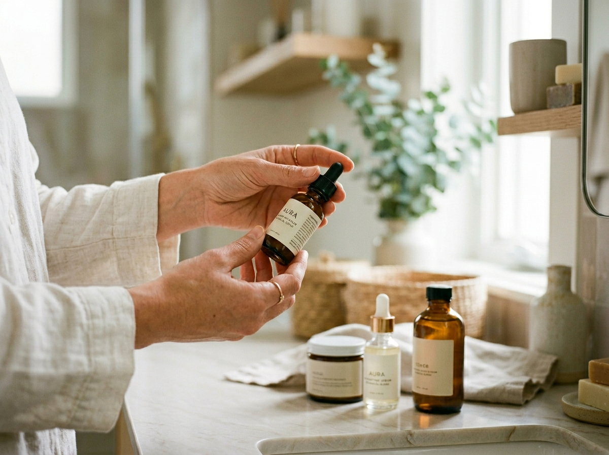 Kobieta świadomie wybiera produkty do pielęgnacji twarzy, audytując swoją kosmetyczkę w czystej łazience.