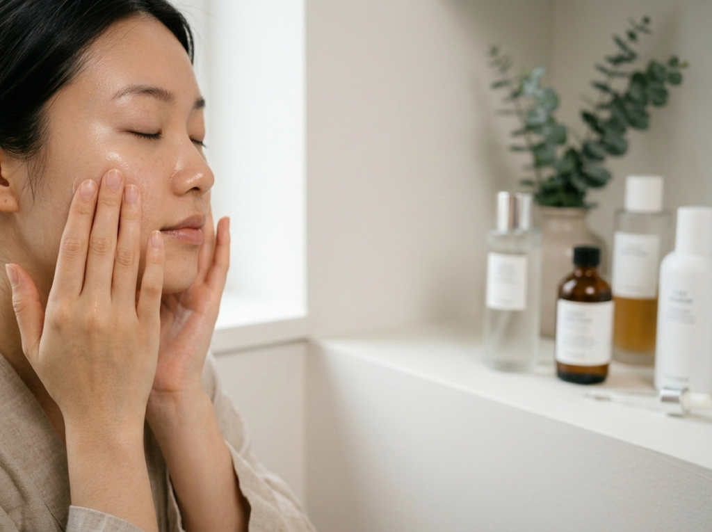 Kobieta w trakcie rytuału koreańskiej pielęgnacji, delikatnie wklepująca serum w promienną skórę twarzy.