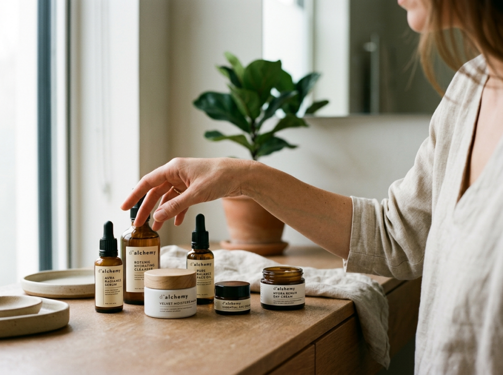 Kobieta wybiera butelki i słoiczki produktów d'alchemy z elegancko zaaranżowanej kolekcji na toaletce.