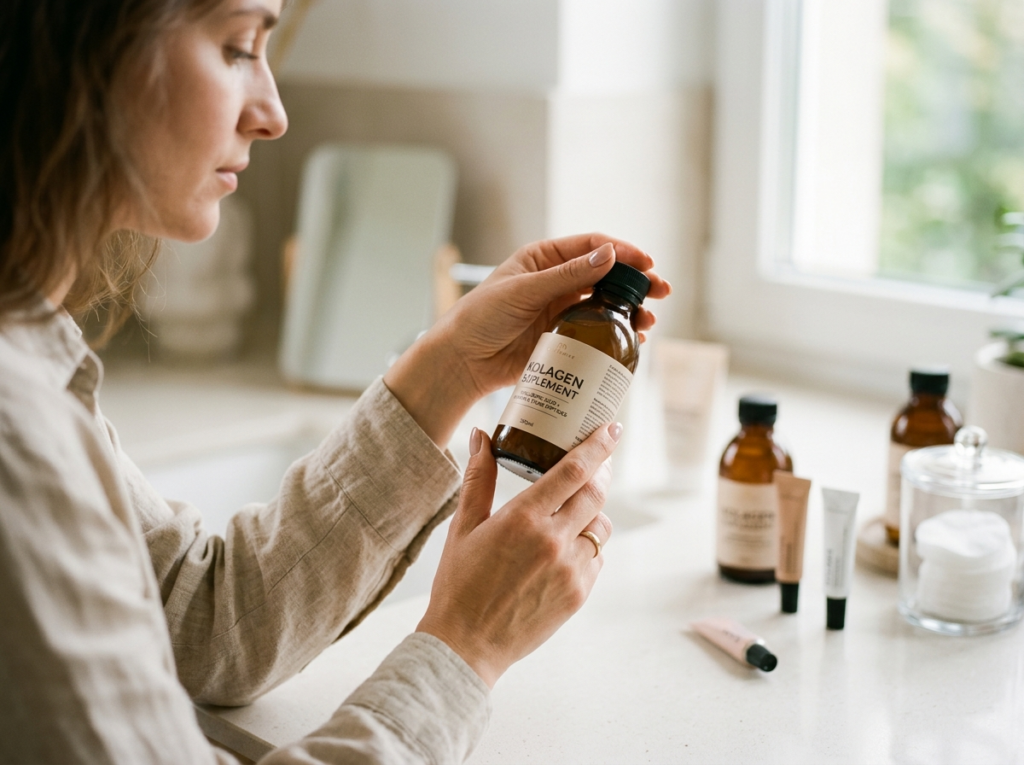 Kobieta wybiera kolagen suplement, delikatnie trzymając butelkę na tle innych produktów.