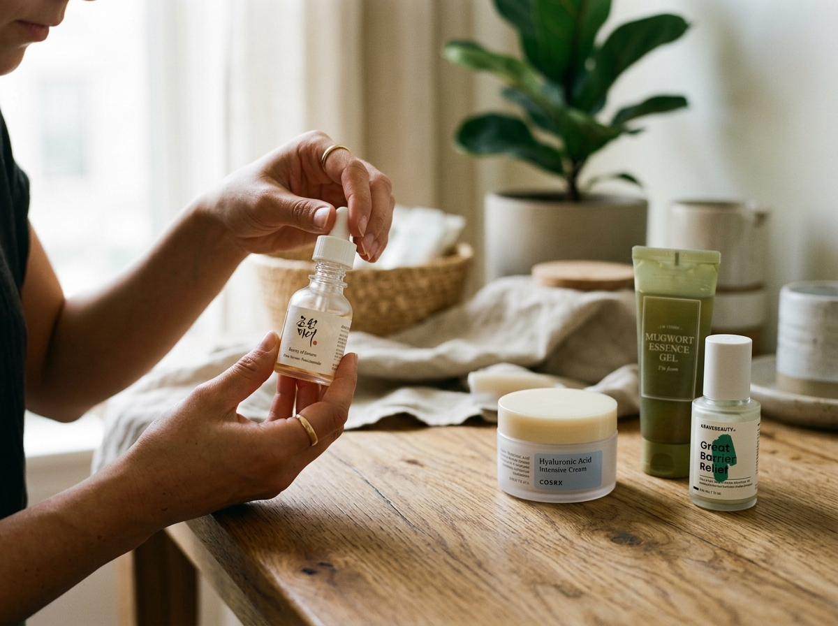 Kobieta wybiera spersonalizowane kosmetyki do koreańskiej pielęgnacji, dopasowując składniki do typu cery.
