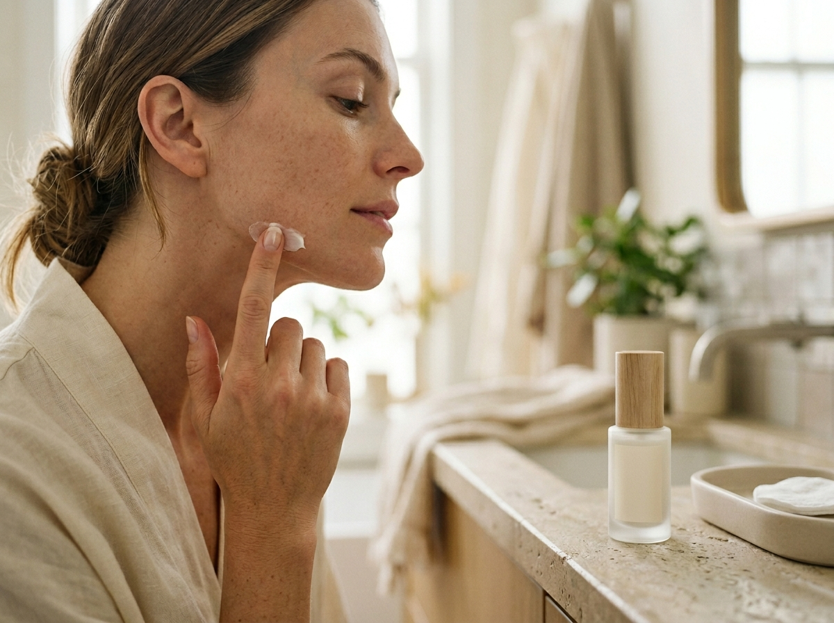 Kobieta wykonująca próbę uczuleniową, nakładając nowy kosmetyk do pielęgnacji twarzy na żuchwę.