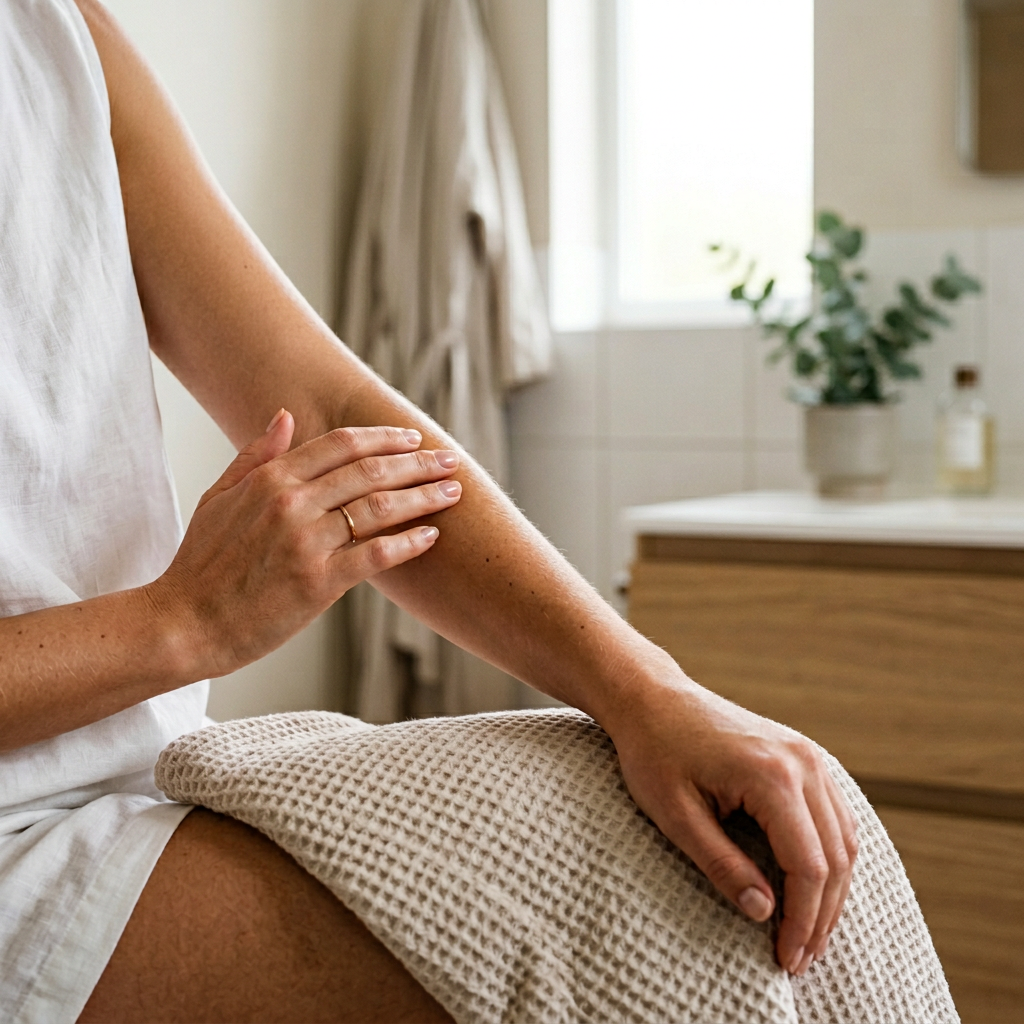 Kobieta z jasną karnacją delikatnie ogląda swoją naturalnie opaloną skórę po użyciu samoopalacza z rankingu.