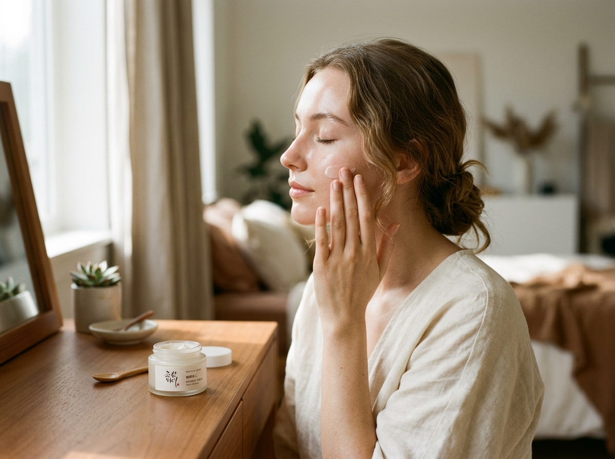 Kobieta z promienną cerą delikatnie aplikuje luksusowy krem koreański Beauty of Joseon.