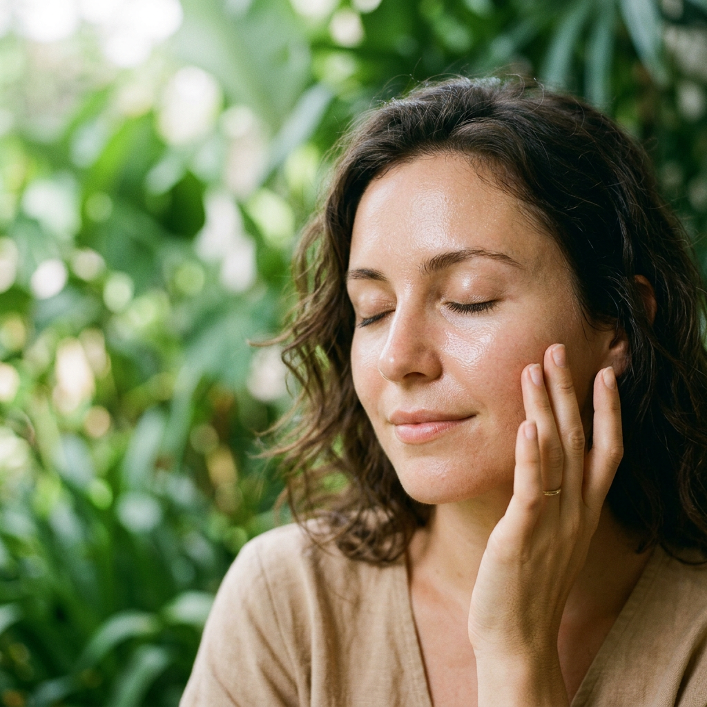 Kobieta z promienną, szklaną skórą delikatnie dotyka policzka, ciesząc się efektem aloe spf 50.