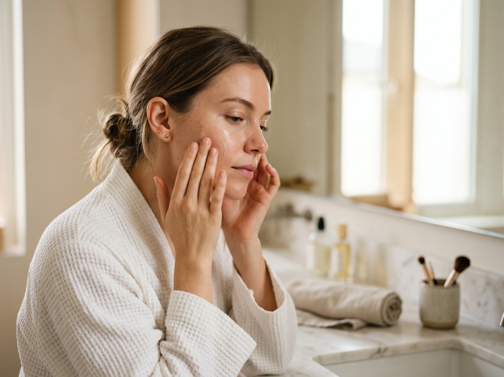 Młoda kobieta delikatnie aplikująca serum na policzek, symbolizując codzienny rytuał skincare.