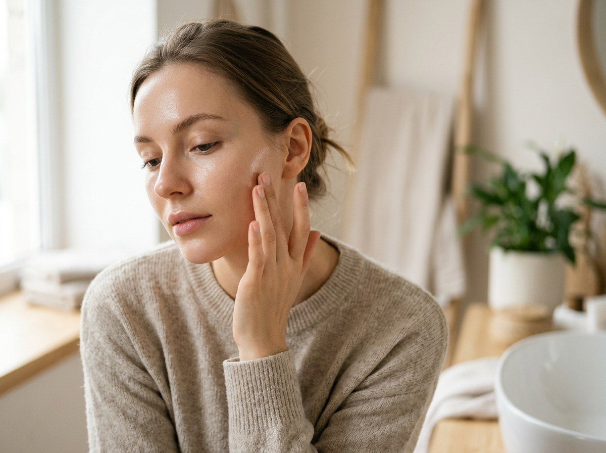 Młoda kobieta delikatnie dotyka promiennej twarzy, symbolizując efekt glass skin dzięki omega 3 suplementy.