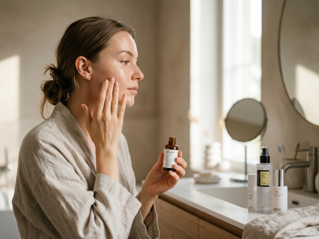 Młoda kobieta z promienną cerą, stosująca koreańskie kosmetyki w nowoczesnej łazience.