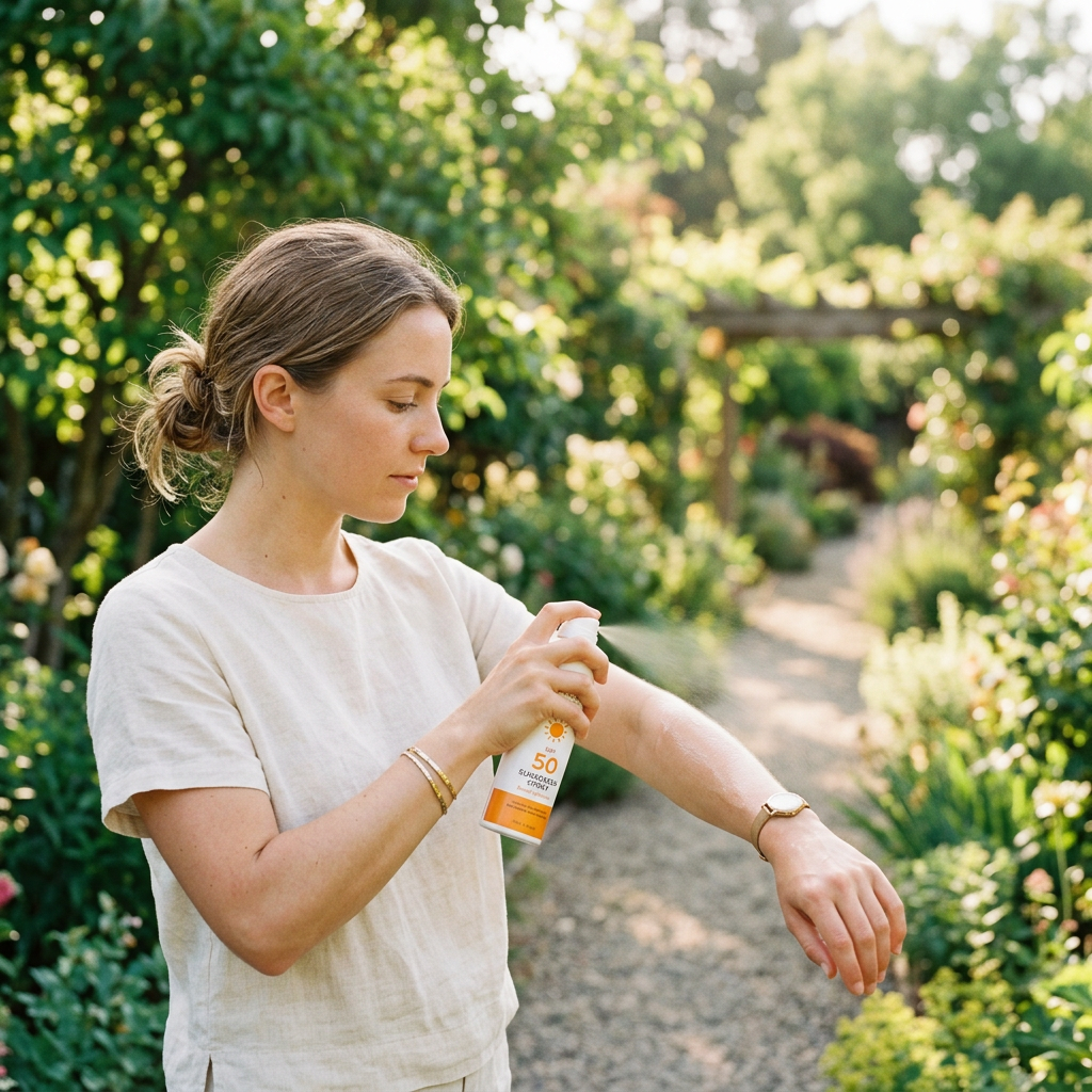 Młoda osoba w letnim stroju, zamyślona, aplikuje spray SPF 50 na ramię w słonecznym ogrodzie.